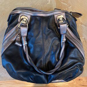 B Makowsky Leather Black Silver Pewter Braided Handle Bag